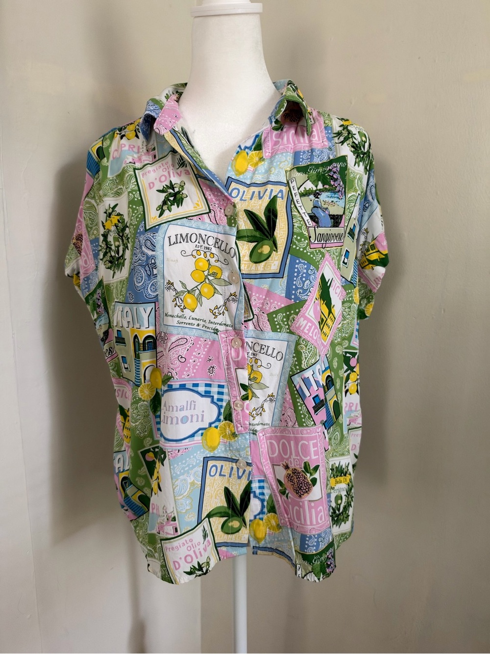 Jane + Delancey Italy Postcard Print Rayon Button Up Shirt Women's Size Medium